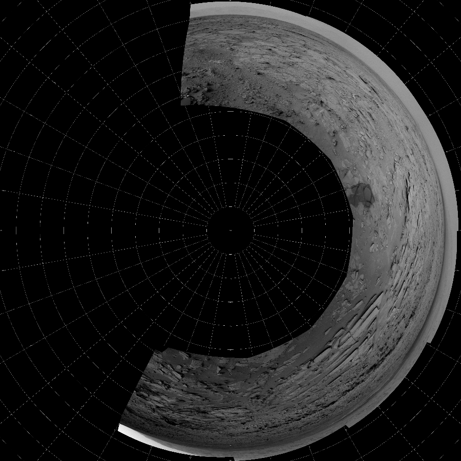 NASA's Mars rover Curiosity took 7 images in Gale Crater using its mast-mounted Left Navigation Camera (Navcam) to create this mosaic. The seam-corrected mosaic provides a polar stereographic projection panorama of the Martian surface with 0 degrees azimuth (measured clockwise from north) at the top of the image. Curiosity took the images on December 08, 2012, Sol 120 of the Mars Science Laboratory mission at drive 742, site number 5. The local mean solar time for the image exposures was 3 PM. Each Navcam image has a 45-degree field of view. CREDIT: NASA/JPL-Caltech