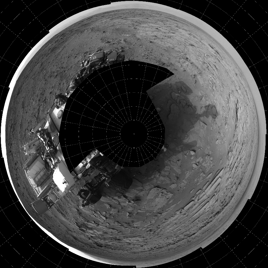 NASA's Mars rover Curiosity took 18 images in Gale Crater using its mast-mounted Left Navigation Camera (Navcam) to create this mosaic. The seam-corrected mosaic provides a polar stereographic projection panorama of the Martian surface with 0 degrees azimuth (measured clockwise from north) at the top of the image. Curiosity took the images on December 08, 2012, Sol 120 of the Mars Science Laboratory mission at drive 742, site number 5. The local mean solar time for the image exposures was from 3 PM to 4 PM. Each Navcam image has a 45-degree field of view. CREDIT: NASA/JPL-Caltech