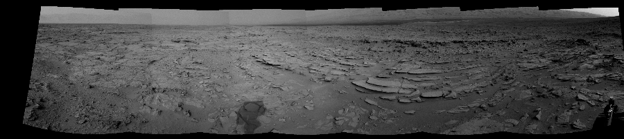 NASA's Mars rover Curiosity took 7 images in Gale Crater using its mast-mounted Right Navigation Camera (Navcam) to create this mosaic. The seam-corrected mosaic provides a 237-degree cylindrical-perspective projection panorama of the Martian surface suitable for stereo viewing, centered at 47 degrees azimuth (measured clockwise from north). This single-eye view must be combined with the partner left image to be viewed in stereo. Curiosity took the images on December 08, 2012, Sol 120 of the Mars Science Laboratory mission at drive 742, site number 5. The local mean solar time for the image exposures was 3 PM. Each Navcam image has a 45-degree field of view. CREDIT: NASA/JPL-Caltech