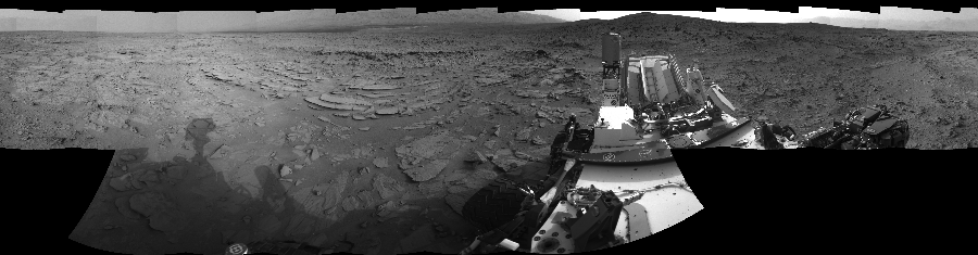 NASA's Mars rover Curiosity took 18 images in Gale Crater using its mast-mounted Right Navigation Camera (Navcam) to create this mosaic. The seam-corrected mosaic provides a 360-degree cylindrical-perspective projection panorama of the Martian surface suitable for stereo viewing, centered at 130 degrees azimuth (measured clockwise from north). This single-eye view must be combined with the partner left image to be viewed in stereo.  Curiosity took the images on December 08, 2012, Sol 120 of the Mars Science Laboratory mission at drive 742, site number 5. The local mean solar time for the image exposures was from 3 PM to 4 PM. Each Navcam image has a 45-degree field of view. CREDIT: NASA/JPL-Caltech