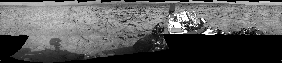 NASA's Mars rover Curiosity took 17 images in Gale Crater using its mast-mounted Left Navigation Camera (Navcam) to create this mosaic. The seam-corrected mosaic provides a 360-degree cylindrical projection panorama of the Martian surface centered at 180 degrees azimuth (measured clockwise from north). Curiosity took the images on December 12, 2012, Sols 125-124 of the Mars Science Laboratory mission at drive 1216, site number 5. The local mean solar time for the image exposures was from 11 AM to 2 PM. Each Navcam image has a 45 degree field of view. CREDIT: NASA/JPL-Caltech