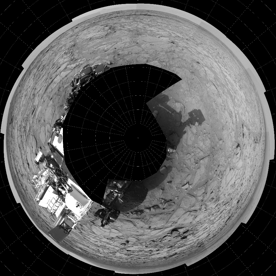 NASA's Mars rover Curiosity took 17 images in Gale Crater using its mast-mounted Left Navigation Camera (Navcam) to create this mosaic. The seam-corrected mosaic provides a polar stereographic projection panorama of the Martian surface with 0 degrees azimuth (measured clockwise from north) at the top of the image. Curiosity took the images on December 12, 2012, Sols 125-124 of the Mars Science Laboratory mission at drive 1216, site number 5. The local mean solar time for the image exposures was from 11 AM to 2 PM. Each Navcam image has a 45-degree field of view. CREDIT: NASA/JPL-Caltech