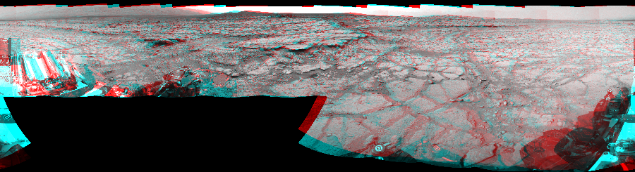 NASA's Mars rover Curiosity took 17 image pairs in Gale Crater using its mast-mounted Navigation Camera (Navcam) to create this mosaic. The seam-corrected mosaic provides a 360-degree cylindrical perspective projection panorama of the Martian surface suitable for stereo viewing, centered at 0 degrees azimuth (measured clockwise from north). This anaglyph must be viewed with red/blue glasses (red over left eye).  Curiosity took the images on December 13, 2012, Sol 125 of the Mars Science Laboratory mission at drive 1398, site number 5. The local mean solar time for the image exposures was 2 PM. Each Navcam image has a 45-degree field of view. CREDIT: NASA/JPL-Caltech