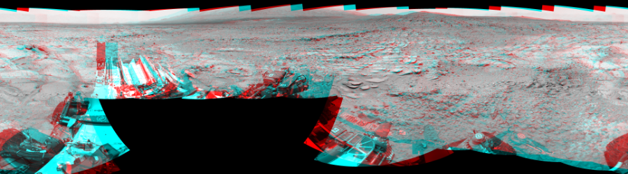 NASA's Mars rover Curiosity took 18 image pairs in Gale Crater using its mast-mounted Navigation Camera (Navcam) to create this mosaic. The seam-corrected mosaic provides a 360-degree cylindrical perspective projection panorama of the Martian surface suitable for stereo viewing, centered at 305 degrees azimuth (measured clockwise from north). This anaglyph must be viewed with red/blue glasses (red over left eye). Curiosity took the images on June 19, 2013, Sol 308 of the Mars Science Laboratory mission at drive 646, site number 6. The local mean solar time for the image exposures was from 1 PM to 12 PM. Each Navcam image has a 45-degree field of view. CREDIT: NASA/JPL-Caltech