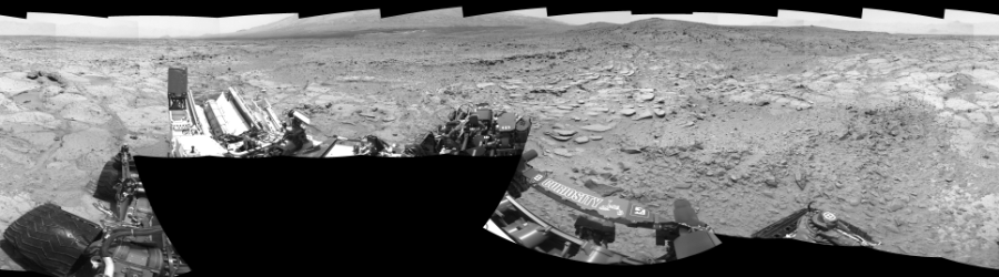 NASA's Mars rover Curiosity took 18 images in Gale Crater using its mast-mounted Left Navigation Camera (Navcam) to create this mosaic. The seam-corrected mosaic provides a 360-degree cylindrical-perspective projection panorama of the Martian surface suitable for stereo viewing, centered at 305 degrees azimuth (measured clockwise from north). This single-eye view must be combined with the partner right image to be viewed in stereo. Curiosity took the images on June 19, 2013, Sol 308 of the Mars Science Laboratory mission at drive 646, site number 6. The local mean solar time for the image exposures was from 1 PM to 12 PM. Each Navcam image has a 45-degree field of view. CREDIT: NASA/JPL-Caltech