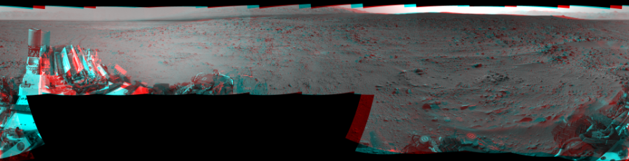 NASA's Mars rover Curiosity took 17 image pairs in Gale Crater using its mast-mounted Navigation Camera (Navcam) to create this mosaic. The seam-corrected mosaic provides a 360-degree cylindrical perspective projection panorama of the Martian surface suitable for stereo viewing, centered at 342 degrees azimuth (measured clockwise from north). This anaglyph must be viewed with red/blue glasses (red over left eye). Curiosity took the images on July 14, 2013, Sol 333 of the Mars Science Laboratory mission at drive 0, site number 8. The local mean solar time for the image exposures was 4 PM. Each Navcam image has a 45-degree field of view. CREDIT: NASA/JPL-Caltech