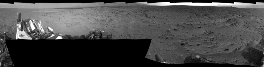 NASA's Mars rover Curiosity took 17 images in Gale Crater using its mast-mounted Left Navigation Camera (Navcam) to create this mosaic. The seam-corrected mosaic provides a 360-degree cylindrical-perspective projection panorama of the Martian surface suitable for stereo viewing, centered at 342 degrees azimuth (measured clockwise from north). This single-eye view must be combined with the partner right image to be viewed in stereo.  Curiosity took the images on July 14, 2013, Sol 333 of the Mars Science Laboratory mission at drive 0, site number 8. The local mean solar time for the image exposures was 4 PM. Each Navcam image has a 45-degree field of view. CREDIT: NASA/JPL-Caltech