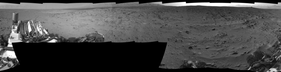 NASA's Mars rover Curiosity took 17 images in Gale Crater using its mast-mounted Right Navigation Camera (Navcam) to create this mosaic. The seam-corrected mosaic provides a 0-degree cylindrical-perspective projection panorama of the Martian surface suitable for stereo viewing, centered at 155 degrees azimuth (measured clockwise from north). This single-eye view must be combined with the partner left image to be viewed in stereo.  Curiosity took the images on July 14, 2013, Sol 333 of the Mars Science Laboratory mission at drive 0, site number 8. The local mean solar time for the image exposures was 4 PM. Each Navcam image has a 45-degree field of view. CREDIT: NASA/JPL-Caltech