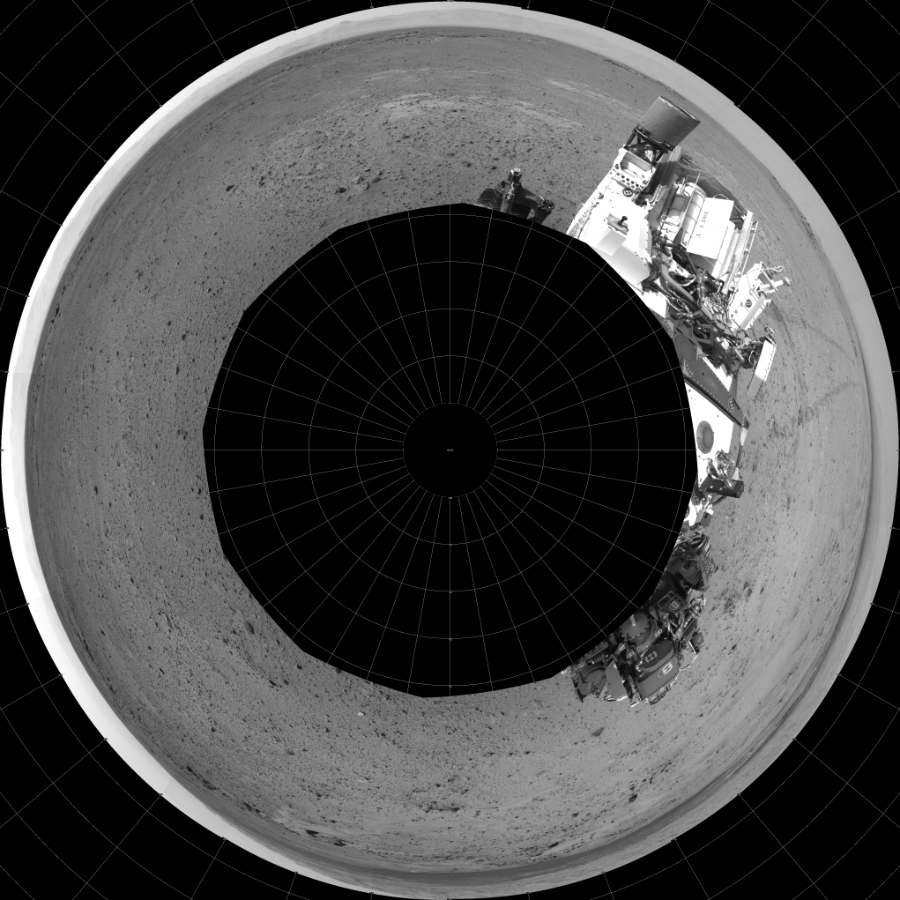 NASA's Mars rover Curiosity took 12 images in Gale Crater using its mast-mounted Left Navigation Camera (Navcam) to create this mosaic. The seam-corrected mosaic provides a polar stereographic projection panorama of the Martian surface with 0 degrees azimuth (measured clockwise from north) at the top of the image. Curiosity took the images on August 07, 2013, Sol 356 of the Mars Science Laboratory mission at drive 748, site number 11. The local mean solar time for the image exposures was 3 PM. Each Navcam image has a 45-degree field of view. CREDIT: NASA/JPL-Caltech