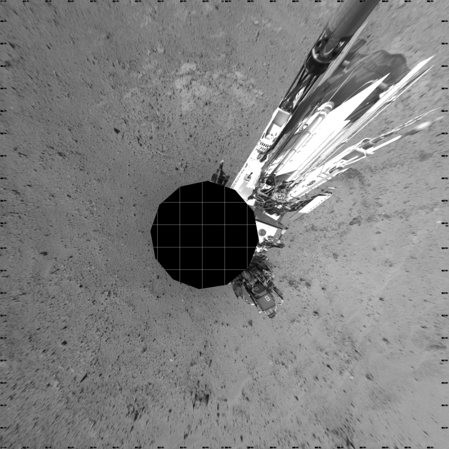 NASA's Mars rover Curiosity took 12 images in Gale Crater using its mast-mounted Left Navigation Camera (Navcam) to create this mosaic. The seam-corrected mosaic provides a vertical projection of the Martian surface near the rover, covering an area of 20 meters (north/south) by 20 meters (east/west). North is up in the image. This projection provides an overhead view, but introduces distortion for items not on the surface, such as large rocks and the rover itself.  Curiosity took the images on August 07, 2013, Sol 356 of the Mars Science Laboratory mission at drive 748, site number 11. The local mean solar time for the image exposures was 3 PM. Each Navcam image has a 45-degree field of view. CREDIT: NASA/JPL-Caltech