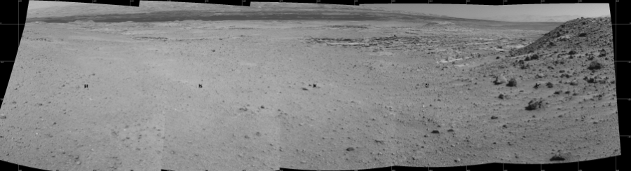 NASA's Mars rover Curiosity took 5 images in Gale Crater using its mast-mounted Left Navigation Camera (Navcam) to create this mosaic. The seam-corrected mosaic provides a 169-degree cylindrical projection panorama of the Martian surface centered at 180 degrees azimuth (measured clockwise from north). Curiosity took the images on April 02, 2014, Sol 588 of the Mars Science Laboratory mission at drive 1254, site number 30. The local mean solar time for the image exposures was 1 PM. Each Navcam image has a 45 degree field of view. CREDIT: NASA/JPL-Caltech