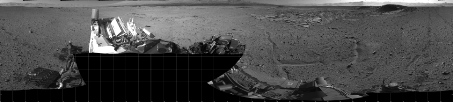 NASA's Mars rover Curiosity took 19 images in Gale Crater using its mast-mounted Left Navigation Camera (Navcam) to create this mosaic. The seam-corrected mosaic provides a 360-degree cylindrical projection panorama of the Martian surface centered at 180 degrees azimuth (measured clockwise from north). Curiosity took the images on April 03, 2014, Sol 589 of the Mars Science Laboratory mission at drive 0, site number 31. The local mean solar time for the image exposures was from 2 PM to 3 PM. Each Navcam image has a 45 degree field of view. CREDIT: NASA/JPL-Caltech