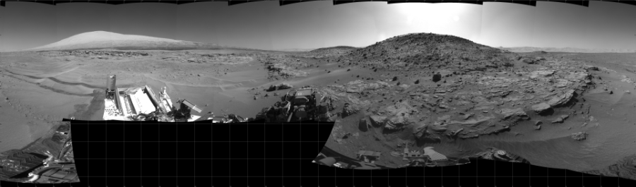 NASA's Mars rover Curiosity took 32 images in Gale Crater using its mast-mounted Left Navigation Camera (Navcam) to create this mosaic. The seam-corrected mosaic provides a 360-degree cylindrical projection panorama of the Martian surface centered at 250 degrees azimuth (measured clockwise from north). Curiosity took the images on May 06, 2014, Sols 621-609 of the Mars Science Laboratory mission at drive 1330, site number 31. The local mean solar time for the image exposures was from 1 PM to 2 PM. Each Navcam image has a 45 degree field of view. CREDIT: NASA/JPL-Caltech