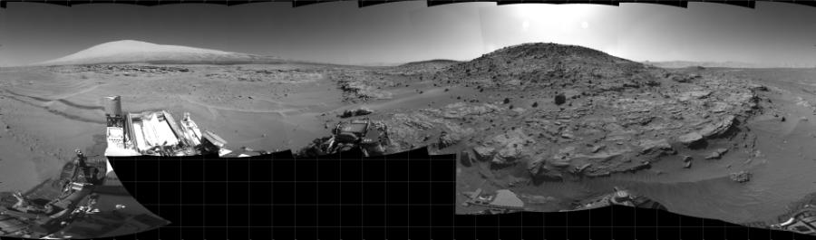 NASA's Mars rover Curiosity took 32 images in Gale Crater using its mast-mounted Right Navigation Camera (Navcam) to create this mosaic. The seam-corrected mosaic provides a 360-degree cylindrical projection panorama of the Martian surface centered at 250 degrees azimuth (measured clockwise from north). Curiosity took the images on May 06, 2014, Sols 621-609 of the Mars Science Laboratory mission at drive 1330, site number 31. The local mean solar time for the image exposures was from 1 PM to 2 PM. Each Navcam image has a 45 degree field of view. CREDIT: NASA/JPL-Caltech