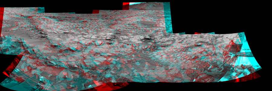 NASA's Mars rover Curiosity took 12 image pairs in Gale Crater using its mast-mounted Navigation Camera (Navcam) to create this mosaic. The seam-corrected mosaic provides a 275-degree cylindrical perspective projection panorama of the Martian surface suitable for stereo viewing, centered at 68 degrees azimuth (measured clockwise from north). This anaglyph must be viewed with red/blue glasses (red over left eye). Curiosity took the images on November 24, 2014, Sol 817 of the Mars Science Laboratory mission at drive 1828, site number 44. The local mean solar time for the image exposures was 1 PM. Each Navcam image has a 45-degree field of view. CREDIT: NASA/JPL-Caltech