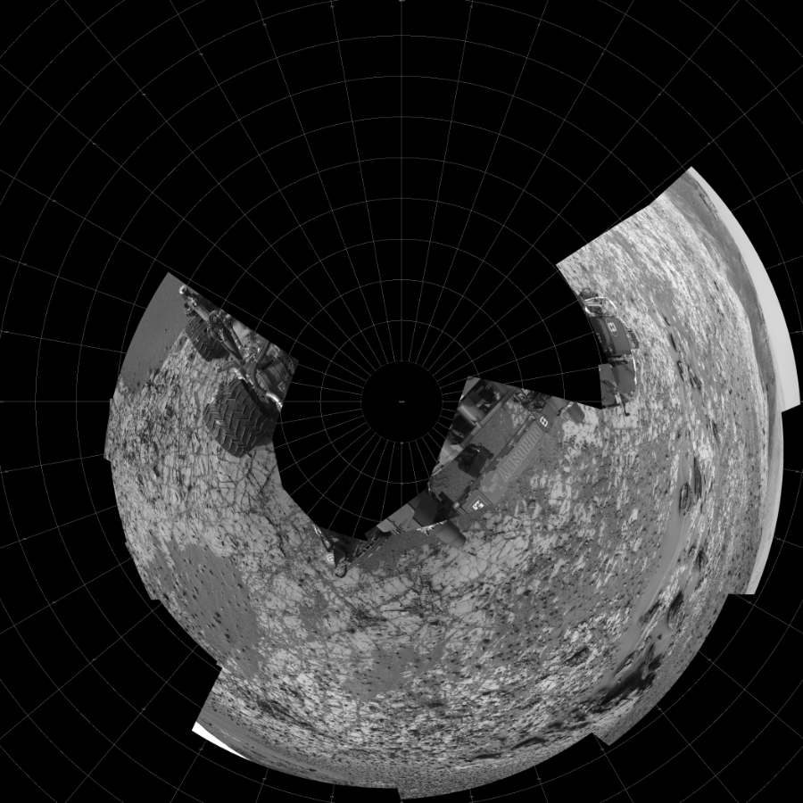 NASA's Mars rover Curiosity took 12 images in Gale Crater using its mast-mounted Left Navigation Camera (Navcam) to create this mosaic. The seam-corrected mosaic provides a polar stereographic projection panorama of the Martian surface with 0 degrees azimuth (measured clockwise from north) at the top of the image. Curiosity took the images on December 12, 2014, Sol 835 of the Mars Science Laboratory mission at drive 2336, site number 44. The local mean solar time for the image exposures was 2 PM. Each Navcam image has a 45-degree field of view. CREDIT: NASA/JPL-Caltech