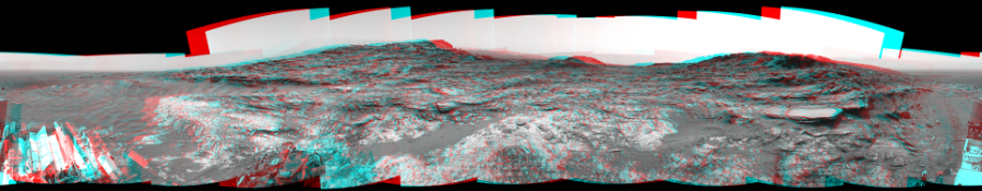 NASA's Mars rover Curiosity took 20 image pairs in Gale Crater using its mast-mounted Navigation Camera (Navcam) to create this mosaic. The seam-corrected mosaic provides a 360-degree cylindrical perspective projection panorama of the Martian surface suitable for stereo viewing, centered at 3 degrees azimuth (measured clockwise from north). This anaglyph must be viewed with red/blue glasses (red over left eye).  Curiosity took the images on May 26, 2015, Sol 995 of the Mars Science Laboratory mission at drive 1530, site number 48. The local mean solar time for the image exposures was 2 PM. Each Navcam image has a 45-degree field of view. CREDIT: NASA/JPL-Caltech