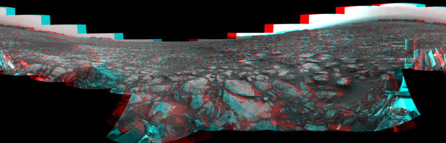 NASA's Mars rover Curiosity took 18 image pairs in Gale Crater using its mast-mounted Navigation Camera (Navcam) to create this mosaic. The seam-corrected mosaic provides a 360-degree cylindrical perspective projection panorama of the Martian surface suitable for stereo viewing, centered at 32 degrees azimuth (measured clockwise from north). This anaglyph must be viewed with red/blue glasses (red over left eye). Curiosity took the images on October 07, 2016, Sols 1482-1483 of the Mars Science Laboratory mission at drive 1572, site number 58. The local mean solar time for the image exposures was from 2 PM to 4 PM. Each Navcam image has a 45-degree field of view. CREDIT: NASA/JPL-Caltech