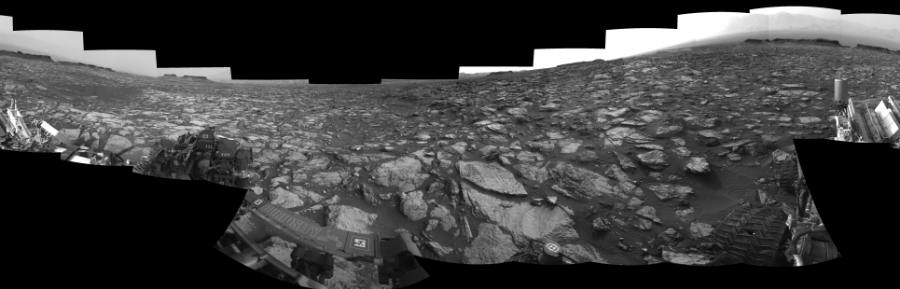 NASA's Mars rover Curiosity took 18 images in Gale Crater using its mast-mounted Left Navigation Camera (Navcam) to create this mosaic. The seam-corrected mosaic provides a 360-degree cylindrical-perspective projection panorama of the Martian surface suitable for stereo viewing, centered at 32 degrees azimuth (measured clockwise from north). This single-eye view must be combined with the partner right image to be viewed in stereo.  Curiosity took the images on October 07, 2016, Sols 1482-1483 of the Mars Science Laboratory mission at drive 1572, site number 58. The local mean solar time for the image exposures was from 2 PM to 4 PM. Each Navcam image has a 45-degree field of view. CREDIT: NASA/JPL-Caltech