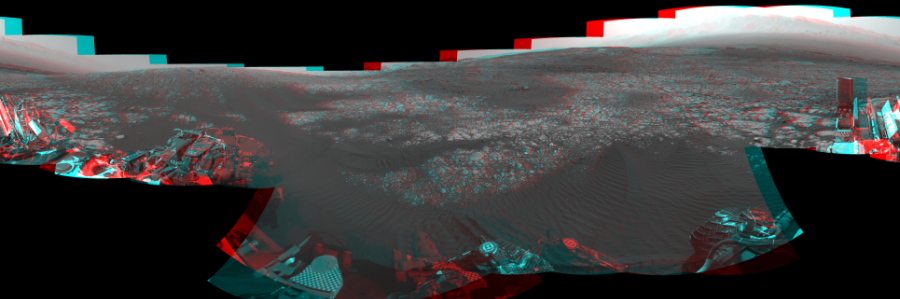 NASA's Mars rover Curiosity took 18 image pairs in Gale Crater using its mast-mounted Navigation Camera (Navcam) to create this mosaic. The seam-corrected mosaic provides a 360-degree cylindrical perspective projection panorama of the Martian surface suitable for stereo viewing, centered at 25 degrees azimuth (measured clockwise from north). This anaglyph must be viewed with red/blue glasses (red over left eye).  Curiosity took the images on April 16, 2018, Sol 2023 of the Mars Science Laboratory mission at drive 1858, site number 69. The local mean solar time for the image exposures was from 2 PM to 4 PM. Each Navcam image has a 45-degree field of view. CREDIT: NASA/JPL-Caltech