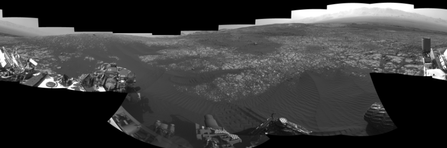 NASA's Mars rover Curiosity took 18 images in Gale Crater using its mast-mounted Left Navigation Camera (Navcam) to create this mosaic. The seam-corrected mosaic provides a 360-degree cylindrical-perspective projection panorama of the Martian surface suitable for stereo viewing, centered at 25 degrees azimuth (measured clockwise from north). This single-eye view must be combined with the partner right image to be viewed in stereo.  Curiosity took the images on April 16, 2018, Sol 2023 of the Mars Science Laboratory mission at drive 1858, site number 69. The local mean solar time for the image exposures was from 2 PM to 4 PM. Each Navcam image has a 45-degree field of view. CREDIT: NASA/JPL-Caltech