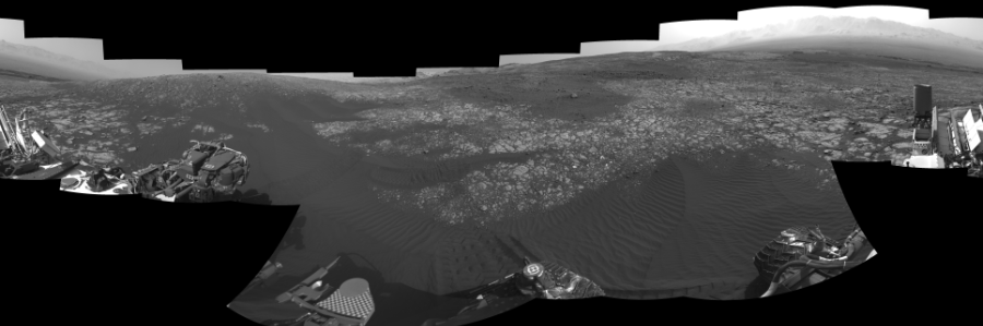 NASA's Mars rover Curiosity took 18 images in Gale Crater using its mast-mounted Right Navigation Camera (Navcam) to create this mosaic. The seam-corrected mosaic provides a 0-degree cylindrical-perspective projection panorama of the Martian surface suitable for stereo viewing, centered at 198 degrees azimuth (measured clockwise from north). This single-eye view must be combined with the partner left image to be viewed in stereo.  Curiosity took the images on April 16, 2018, Sol 2023 of the Mars Science Laboratory mission at drive 1858, site number 69. The local mean solar time for the image exposures was from 2 PM to 4 PM. Each Navcam image has a 45-degree field of view. CREDIT: NASA/JPL-Caltech