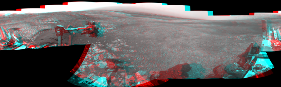 NASA's Mars rover Curiosity took 19 image pairs in Gale Crater using its mast-mounted Navigation Camera (Navcam) to create this mosaic. The seam-corrected mosaic provides a 360-degree cylindrical perspective projection panorama of the Martian surface suitable for stereo viewing, centered at 23 degrees azimuth (measured clockwise from north). This anaglyph must be viewed with red/blue glasses (red over left eye).  Curiosity took the images on October 29, 2018, Sol 2214 of the Mars Science Laboratory mission at drive 0, site number 73. The local mean solar time for the image exposures was 2 PM. Each Navcam image has a 45-degree field of view. CREDIT: NASA/JPL-Caltech