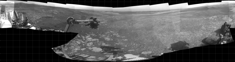 NASA's Mars rover Curiosity took 21 images in Gale Crater using its mast-mounted Left Navigation Camera (Navcam) to create this mosaic. The seam-corrected mosaic provides a 360-degree cylindrical projection panorama of the Martian surface centered at 310 degrees azimuth (measured clockwise from north). Curiosity took the images on October 29, 2018, Sols 2214-2218 of the Mars Science Laboratory mission at drive 0, site number 73. The local mean solar time for the image exposures was from 2 PM to 4 PM. Each Navcam image has a 45 degree field of view. CREDIT: NASA/JPL-Caltech