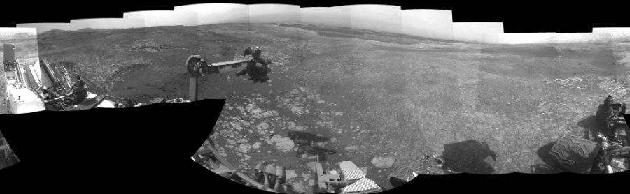NASA's Mars rover Curiosity took 21 images in Gale Crater using its mast-mounted Left Navigation Camera (Navcam) to create this mosaic. The seam-corrected mosaic provides a 360-degree cylindrical-perspective projection panorama of the Martian surface suitable for stereo viewing, centered at 3 degrees azimuth (measured clockwise from north). This single-eye view must be combined with the partner right image to be viewed in stereo.  Curiosity took the images on October 29, 2018, Sols 2214-2218 of the Mars Science Laboratory mission at drive 0, site number 73. The local mean solar time for the image exposures was from 2 PM to 4 PM. Each Navcam image has a 45-degree field of view. CREDIT: NASA/JPL-Caltech