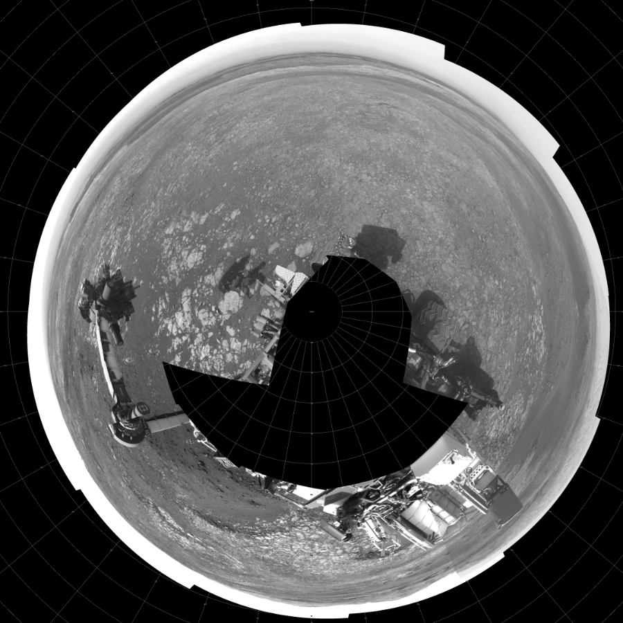 NASA's Mars rover Curiosity took 19 images in Gale Crater using its mast-mounted Left Navigation Camera (Navcam) to create this mosaic. The seam-corrected mosaic provides a polar stereographic projection panorama of the Martian surface with 0 degrees azimuth (measured clockwise from north) at the top of the image. Curiosity took the images on October 29, 2018, Sol 2214 of the Mars Science Laboratory mission at drive 0, site number 73. The local mean solar time for the image exposures was 2 PM. Each Navcam image has a 45-degree field of view. CREDIT: NASA/JPL-Caltech
