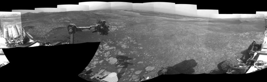 NASA's Mars rover Curiosity took 21 images in Gale Crater using its mast-mounted Right Navigation Camera (Navcam) to create this mosaic. The seam-corrected mosaic provides a 360-degree cylindrical-perspective projection panorama of the Martian surface suitable for stereo viewing, centered at 356 degrees azimuth (measured clockwise from north). This single-eye view must be combined with the partner left image to be viewed in stereo.  Curiosity took the images on October 29, 2018, Sols 2214-2218 of the Mars Science Laboratory mission at drive 0, site number 73. The local mean solar time for the image exposures was from 2 PM to 4 PM. Each Navcam image has a 45-degree field of view. CREDIT: NASA/JPL-Caltech