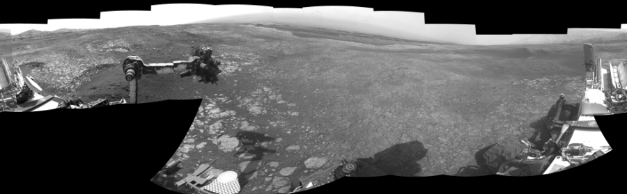 NASA's Mars rover Curiosity took 19 images in Gale Crater using its mast-mounted Right Navigation Camera (Navcam) to create this mosaic. The seam-corrected mosaic provides a 360-degree cylindrical-perspective projection panorama of the Martian surface suitable for stereo viewing, centered at 16 degrees azimuth (measured clockwise from north). This single-eye view must be combined with the partner left image to be viewed in stereo.  Curiosity took the images on October 29, 2018, Sol 2214 of the Mars Science Laboratory mission at drive 0, site number 73. The local mean solar time for the image exposures was 2 PM. Each Navcam image has a 45-degree field of view. CREDIT: NASA/JPL-Caltech