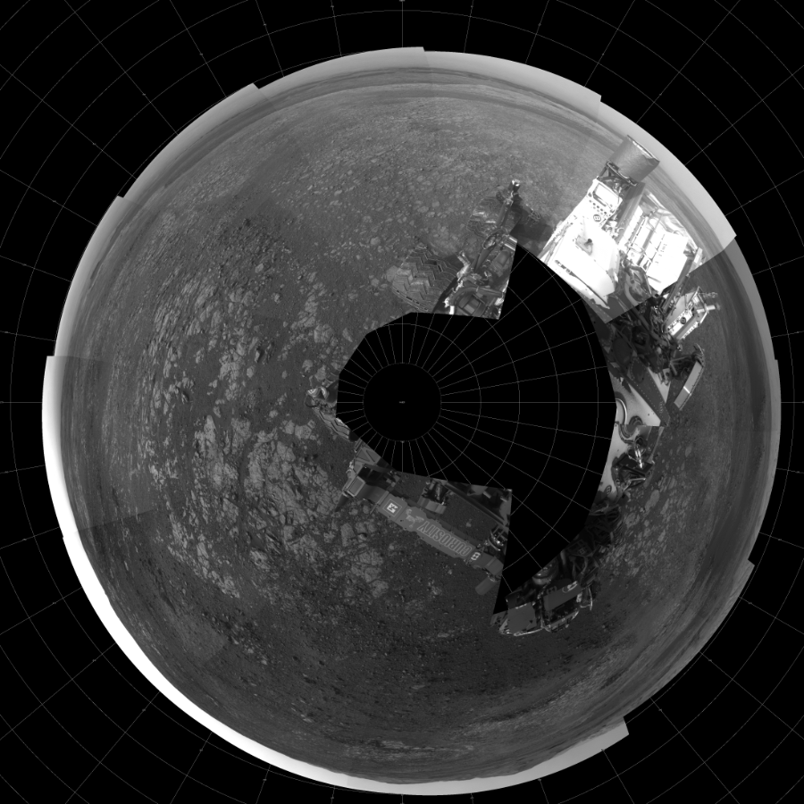 NASA's Mars rover Curiosity took 19 images in Gale Crater using its mast-mounted Left Navigation Camera (Navcam) to create this mosaic. The seam-corrected mosaic provides a polar stereographic projection panorama of the Martian surface with 0 degrees azimuth (measured clockwise from north) at the top of the image. Curiosity took the images on November 02, 2018, Sol 2218 of the Mars Science Laboratory mission at drive 46, site number 73. The local mean solar time for the image exposures was 4 PM. Each Navcam image has a 45-degree field of view. CREDIT: NASA/JPL-Caltech