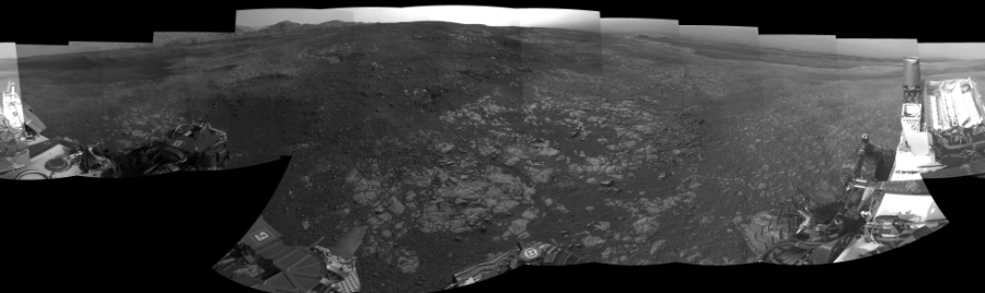 NASA's Mars rover Curiosity took 19 images in Gale Crater using its mast-mounted Right Navigation Camera (Navcam) to create this mosaic. The seam-corrected mosaic provides a 360-degree cylindrical-perspective projection panorama of the Martian surface suitable for stereo viewing, centered at 23 degrees azimuth (measured clockwise from north). This single-eye view must be combined with the partner left image to be viewed in stereo.  Curiosity took the images on November 02, 2018, Sol 2218 of the Mars Science Laboratory mission at drive 46, site number 73. The local mean solar time for the image exposures was 4 PM. Each Navcam image has a 45-degree field of view. CREDIT: NASA/JPL-Caltech