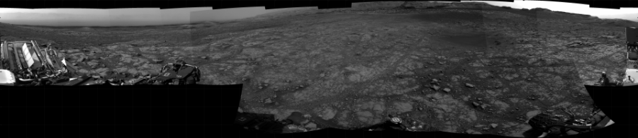 NASA's Mars rover Curiosity took 17 images in Gale Crater using its mast-mounted Right Navigation Camera (Navcam) to create this mosaic. The seam-corrected mosaic provides a 360-degree cylindrical projection panorama of the Martian surface centered at 105 degrees azimuth (measured clockwise from north). Curiosity took the images on December 02, 2020, Sol 2958 of the Mars Science Laboratory mission at drive 444, site number 84. The local mean solar time for the image exposures was from 3 PM to 4 PM. Each Navcam image has a 45 degree field of view. CREDIT: NASA/JPL-Caltech