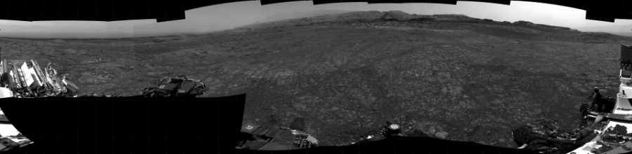 NASA's Mars rover Curiosity took 26 images in Gale Crater using its mast-mounted Right Navigation Camera (Navcam) to create this mosaic. The seam-corrected mosaic provides a 360-degree cylindrical projection panorama of the Martian surface centered at 115 degrees azimuth (measured clockwise from north). Curiosity took the images on December 02, 2020, Sol 2959 of the Mars Science Laboratory mission at drive 540, site number 84. The local mean solar time for the image exposures was from 1 PM to 3 PM. Each Navcam image has a 45 degree field of view. CREDIT: NASA/JPL-Caltech