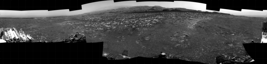 NASA's Mars rover Curiosity took 22 images in Gale Crater using its mast-mounted Right Navigation Camera (Navcam) to create this mosaic. The seam-corrected mosaic provides a 360-degree cylindrical projection panorama of the Martian surface centered at 136 degrees azimuth (measured clockwise from north). Curiosity took the images on December 14, 2020, Sol 2970 of the Mars Science Laboratory mission at drive 1492, site number 84. The local mean solar time for the image exposures was 2 PM. Each Navcam image has a 45 degree field of view. CREDIT: NASA/JPL-Caltech