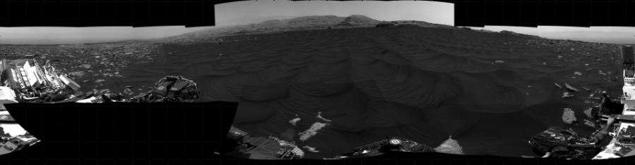 NASA's Mars rover Curiosity took 23 images in Gale Crater using its mast-mounted Right Navigation Camera (Navcam) to create this mosaic. The seam-corrected mosaic provides a 360-degree cylindrical projection panorama of the Martian surface centered at 145 degrees azimuth (measured clockwise from north). Curiosity took the images on December 23, 2020, Sol 2979 of the Mars Science Laboratory mission at drive 2044, site number 84. The local mean solar time for the image exposures was 2 PM. Each Navcam image has a 45 degree field of view. CREDIT: NASA/JPL-Caltech