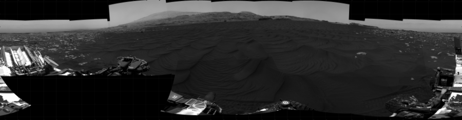 NASA's Mars rover Curiosity took 24 images in Gale Crater using its mast-mounted Right Navigation Camera (Navcam) to create this mosaic. The seam-corrected mosaic provides a 360-degree cylindrical projection panorama of the Martian surface centered at 156 degrees azimuth (measured clockwise from north). Curiosity took the images on January 04, 2021, Sol 2991 of the Mars Science Laboratory mission at drive 2120, site number 84. The local mean solar time for the image exposures was from 1 PM to 12 PM. Each Navcam image has a 45 degree field of view. CREDIT: NASA/JPL-Caltech