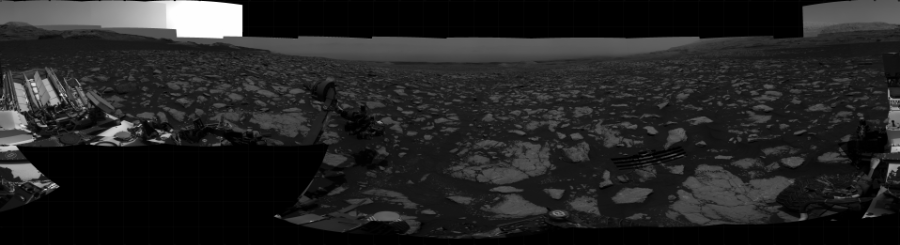 NASA's Mars rover Curiosity took 41 images in Gale Crater using its mast-mounted Right Navigation Camera (Navcam) to create this mosaic. The seam-corrected mosaic provides a 360-degree cylindrical projection panorama of the Martian surface centered at 341 degrees azimuth (measured clockwise from north). Curiosity took the images on January 12, 2021, Sols 2998-2995 of the Mars Science Laboratory mission at drive 2352, site number 84. The local mean solar time for the image exposures was from 4 PM to 12 PM. Each Navcam image has a 45 degree field of view. CREDIT: NASA/JPL-Caltech