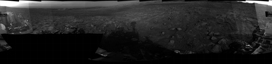 NASA's Mars rover Curiosity took 19 images in Gale Crater using its mast-mounted Right Navigation Camera (Navcam) to create this mosaic. The seam-corrected mosaic provides a 360-degree cylindrical projection panorama of the Martian surface centered at 90 degrees azimuth (measured clockwise from north). Curiosity took the images on January 19, 2021, Sol 3005 of the Mars Science Laboratory mission at drive 538, site number 85. The local mean solar time for the image exposures was 5 PM. Each Navcam image has a 45 degree field of view. CREDIT: NASA/JPL-Caltech
