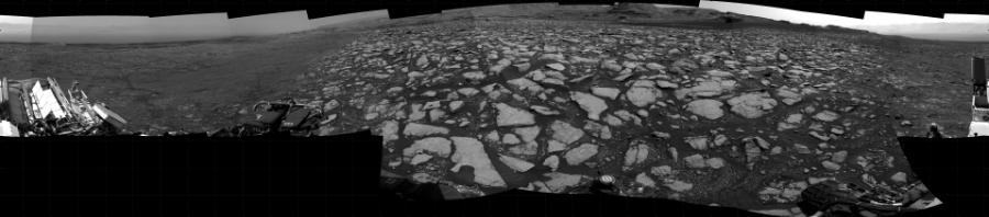 NASA's Mars rover Curiosity took 17 images in Gale Crater using its mast-mounted Right Navigation Camera (Navcam) to create this mosaic. The seam-corrected mosaic provides a 360-degree cylindrical projection panorama of the Martian surface centered at 132 degrees azimuth (measured clockwise from north). Curiosity took the images on January 27, 2021, Sol 3013 of the Mars Science Laboratory mission at drive 1808, site number 85. The local mean solar time for the image exposures was from 2 PM to 3 PM. Each Navcam image has a 45 degree field of view. CREDIT: NASA/JPL-Caltech