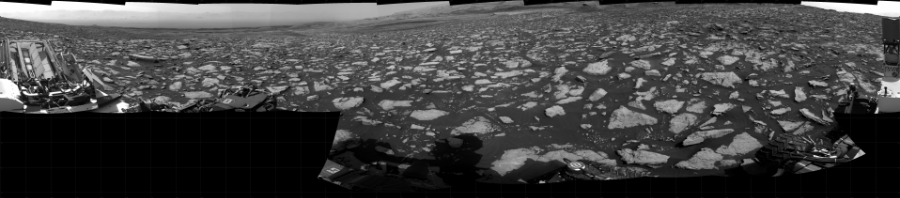 NASA's Mars rover Curiosity took 17 images in Gale Crater using its mast-mounted Right Navigation Camera (Navcam) to create this mosaic. The seam-corrected mosaic provides a 360-degree cylindrical projection panorama of the Martian surface centered at 90 degrees azimuth (measured clockwise from north). Curiosity took the images on February 08, 2021, Sol 3025 of the Mars Science Laboratory mission at drive 480, site number 86. The local mean solar time for the image exposures was 3 PM. Each Navcam image has a 45 degree field of view. CREDIT: NASA/JPL-Caltech