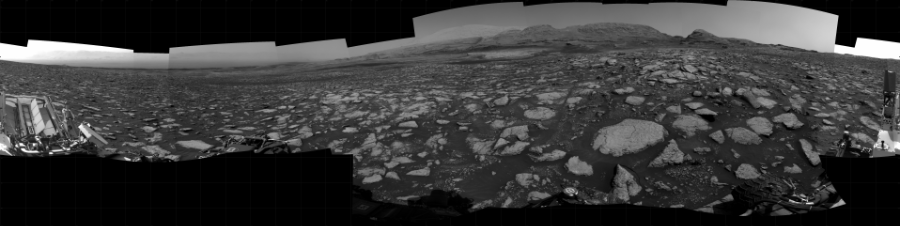 NASA's Mars rover Curiosity took 22 images in Gale Crater using its mast-mounted Right Navigation Camera (Navcam) to create this mosaic. The seam-corrected mosaic provides a 360-degree cylindrical projection panorama of the Martian surface centered at 100 degrees azimuth (measured clockwise from north). Curiosity took the images on February 10, 2021, Sol 3027 of the Mars Science Laboratory mission at drive 978, site number 86. The local mean solar time for the image exposures was from 2 PM to 4 PM. Each Navcam image has a 45 degree field of view. CREDIT: NASA/JPL-Caltech
