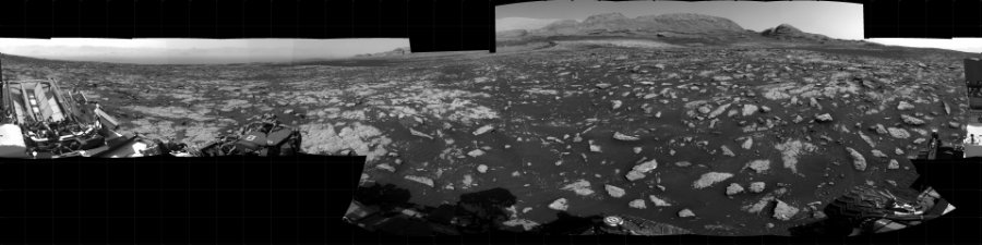 NASA's Mars rover Curiosity took 21 images in Gale Crater using its mast-mounted Right Navigation Camera (Navcam) to create this mosaic. The seam-corrected mosaic provides a 360-degree cylindrical projection panorama of the Martian surface centered at 101 degrees azimuth (measured clockwise from north). Curiosity took the images on February 24, 2021, Sol 3040 of the Mars Science Laboratory mission at drive 2302, site number 86. The local mean solar time for the image exposures was 3 PM. Each Navcam image has a 45 degree field of view. CREDIT: NASA/JPL-Caltech