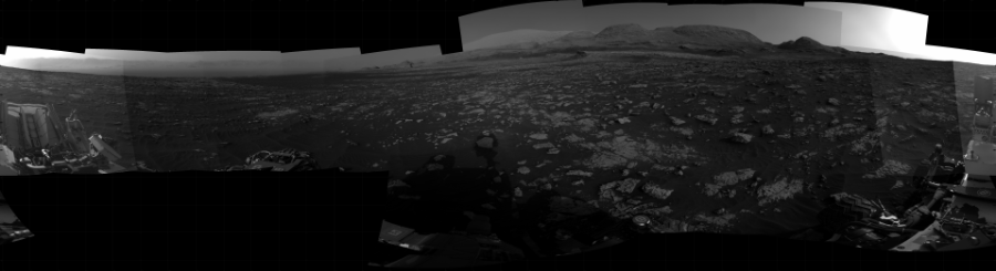 NASA's Mars rover Curiosity took 24 images in Gale Crater using its mast-mounted Right Navigation Camera (Navcam) to create this mosaic. The seam-corrected mosaic provides a 360-degree cylindrical projection panorama of the Martian surface centered at 99 degrees azimuth (measured clockwise from north). Curiosity took the images on February 26, 2021, Sol 3042 of the Mars Science Laboratory mission at drive 2596, site number 86. The local mean solar time for the image exposures was 5 PM. Each Navcam image has a 45 degree field of view. CREDIT: NASA/JPL-Caltech