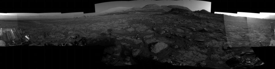 NASA's Mars rover Curiosity took 21 images in Gale Crater using its mast-mounted Right Navigation Camera (Navcam) to create this mosaic. The seam-corrected mosaic provides a 360-degree cylindrical projection panorama of the Martian surface centered at 132 degrees azimuth (measured clockwise from north). Curiosity took the images on March 03, 2021, Sol 3047 of the Mars Science Laboratory mission at drive 420, site number 87. The local mean solar time for the image exposures was from 5 PM to 6 PM. Each Navcam image has a 45 degree field of view. CREDIT: NASA/JPL-Caltech