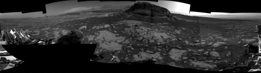 NASA's Mars rover Curiosity took 25 images in Gale Crater using its mast-mounted Right Navigation Camera (Navcam) to create this mosaic. The seam-corrected mosaic provides a 360-degree cylindrical projection panorama of the Martian surface centered at 178 degrees azimuth (measured clockwise from north). Curiosity took the images on March 05, 2021, Sol 3049 of the Mars Science Laboratory mission at drive 696, site number 87. The local mean solar time for the image exposures was 4 PM. Each Navcam image has a 45 degree field of view. CREDIT: NASA/JPL-Caltech