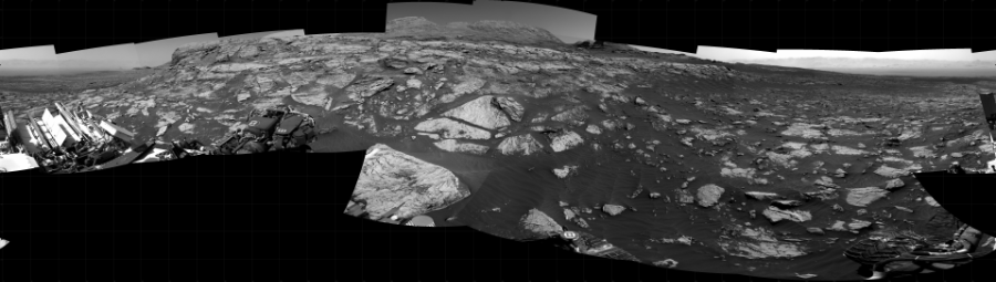 NASA's Mars rover Curiosity took 19 images in Gale Crater using its mast-mounted Right Navigation Camera (Navcam) to create this mosaic. The seam-corrected mosaic provides a 360-degree cylindrical projection panorama of the Martian surface centered at 179 degrees azimuth (measured clockwise from north). Curiosity took the images on April 07, 2021, Sol 3081 of the Mars Science Laboratory mission at drive 1958, site number 87. The local mean solar time for the image exposures was from 2 PM to 4 PM. Each Navcam image has a 45 degree field of view. CREDIT: NASA/JPL-Caltech