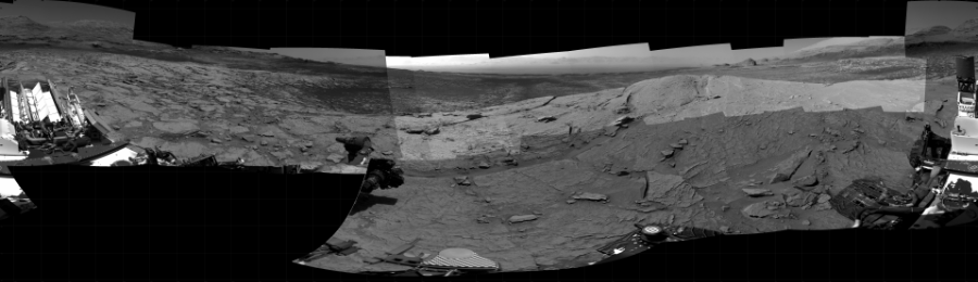 NASA's Mars rover Curiosity took 37 images in Gale Crater using its mast-mounted Right Navigation Camera (Navcam) to create this mosaic. The seam-corrected mosaic provides a 360-degree cylindrical projection panorama of the Martian surface centered at 325 degrees azimuth (measured clockwise from north). Curiosity took the images on April 30, 2021, Sols 3104-3088 of the Mars Science Laboratory mission at drive 2578, site number 87. The local mean solar time for the image exposures was from 4 PM to 12 PM. Each Navcam image has a 45 degree field of view. CREDIT: NASA/JPL-Caltech